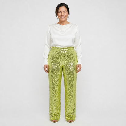 Women's High-Waist Sequin Straight-Leg Party Pants - Green Yellow