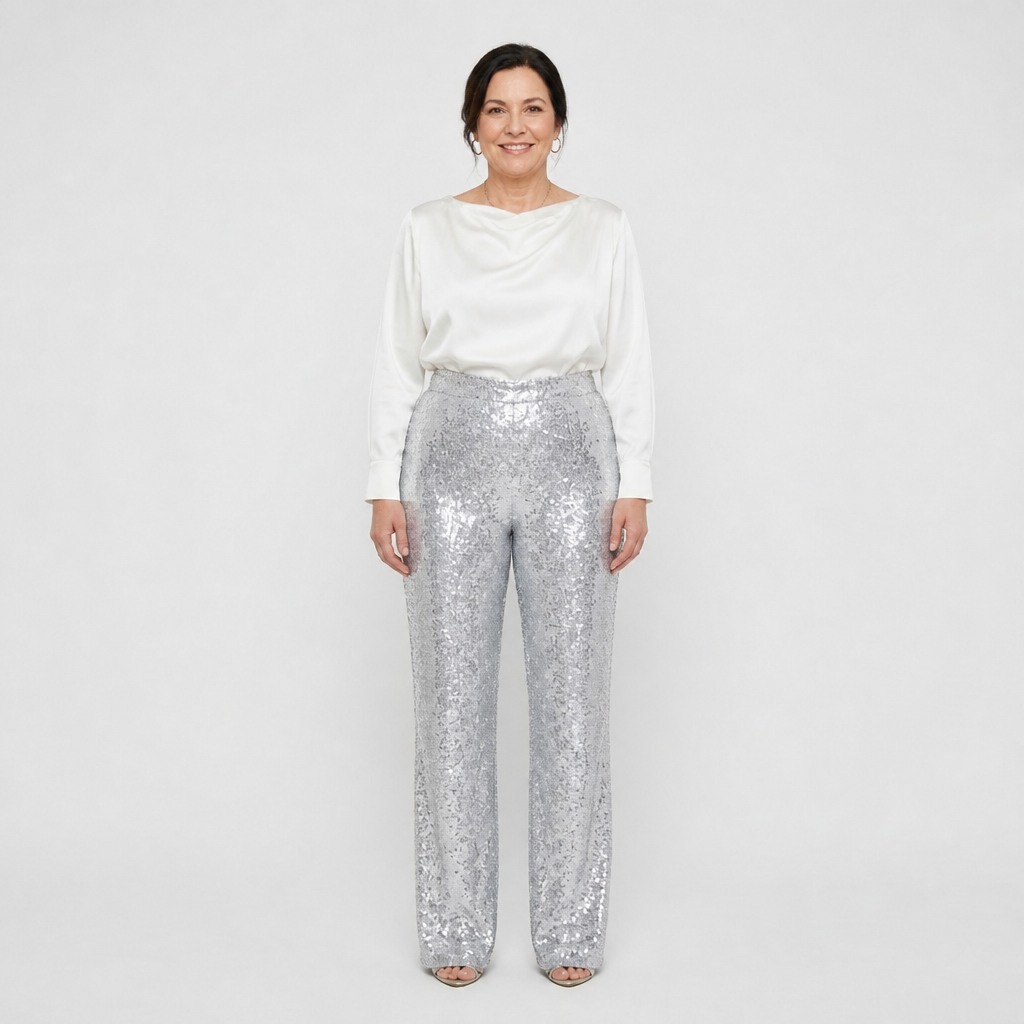 Women's High-Waist Sequin Straight-Leg Party Pants - Silver