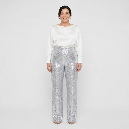 Women's High-Waist Sequin Straight-Leg Party Pants - Silver