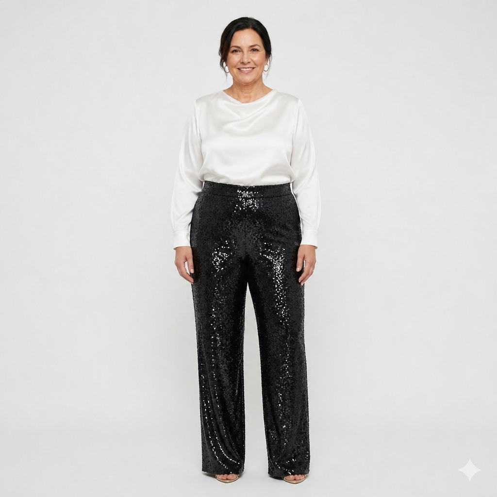 Women's High-Waist Sequin Straight-Leg Party Pants - Black