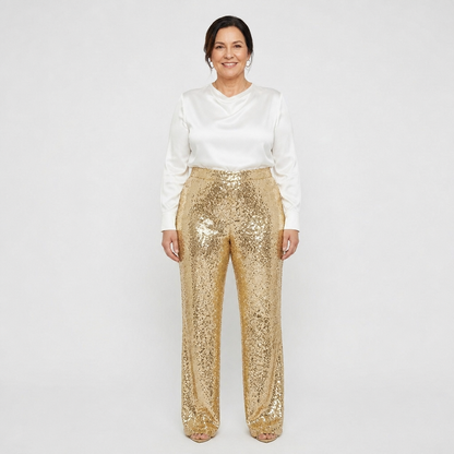 Women's High-Waist Sequin Straight-Leg Party Pants - Gold