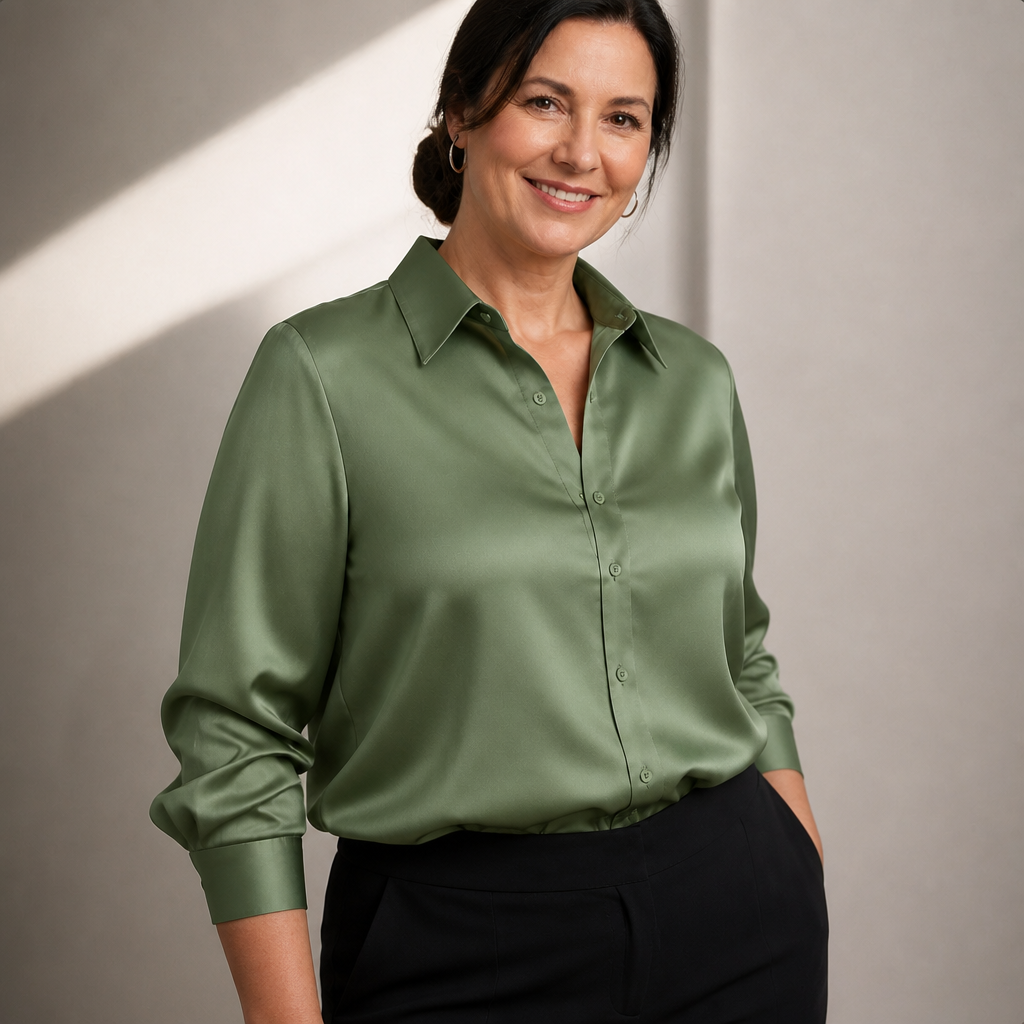 Women's Long Sleeve Satin Button-Down Blouse - Green