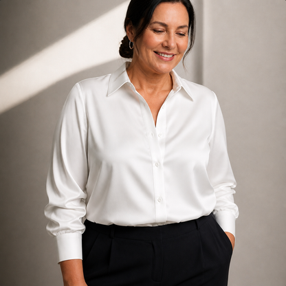 Women's Long Sleeve Satin Button-Down Blouse - White