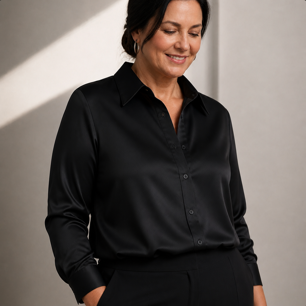 Women's Long Sleeve Satin Button-Down Blouse - Black