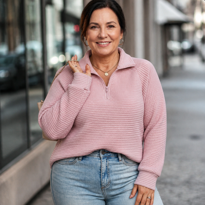Women's Lightweight V-Neck Zip Detail Sweater - Pink