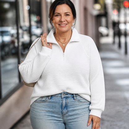Women's Lightweight V-Neck Zip Detail Sweater - White