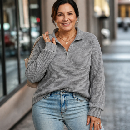 Women's Lightweight V-Neck Zip Detail Sweater - Grey