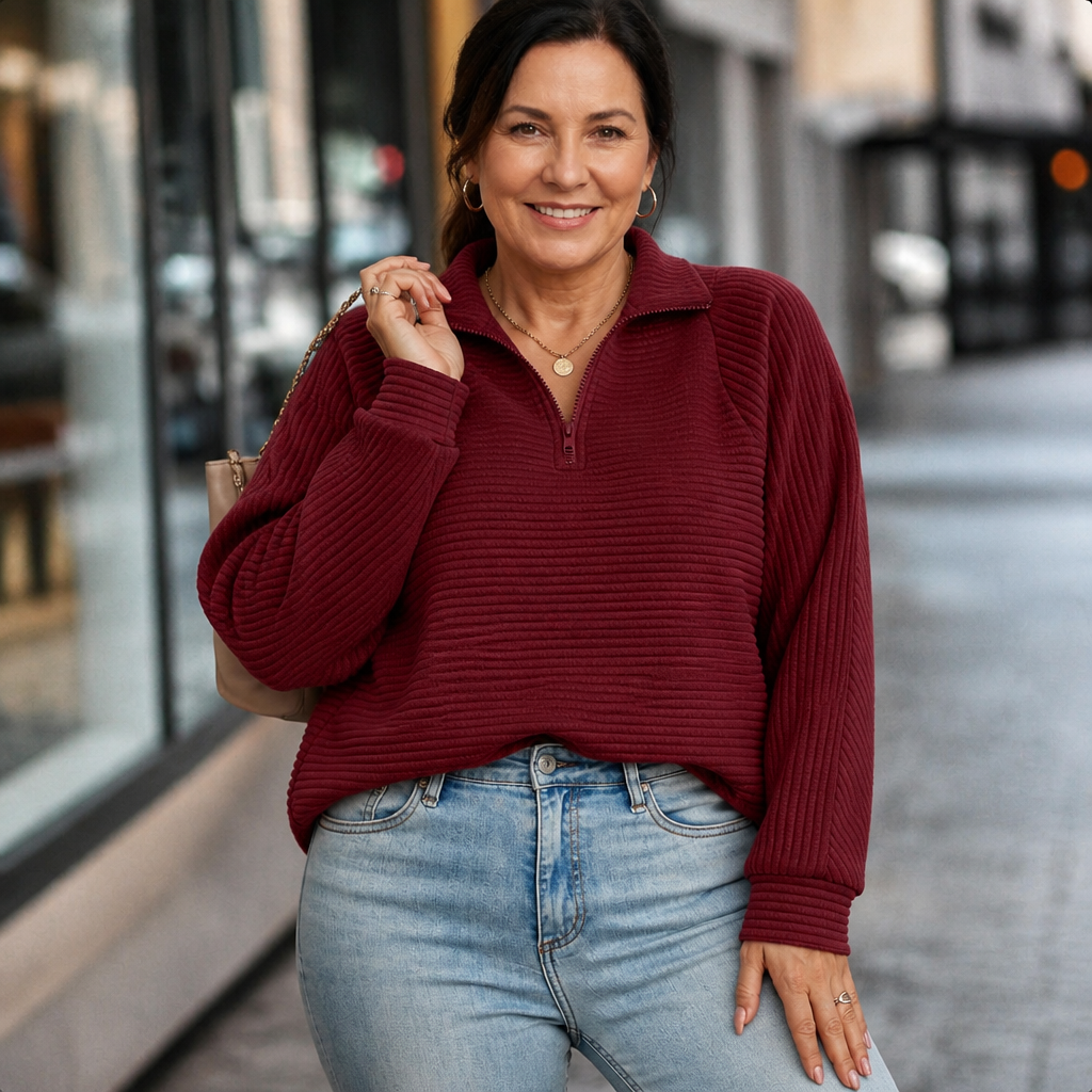 Women's Lightweight V-Neck Zip Detail Sweater - Maroon