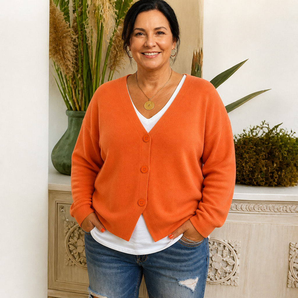 Women's Lightweight Cozy Black Cardigan Sweater - Orange