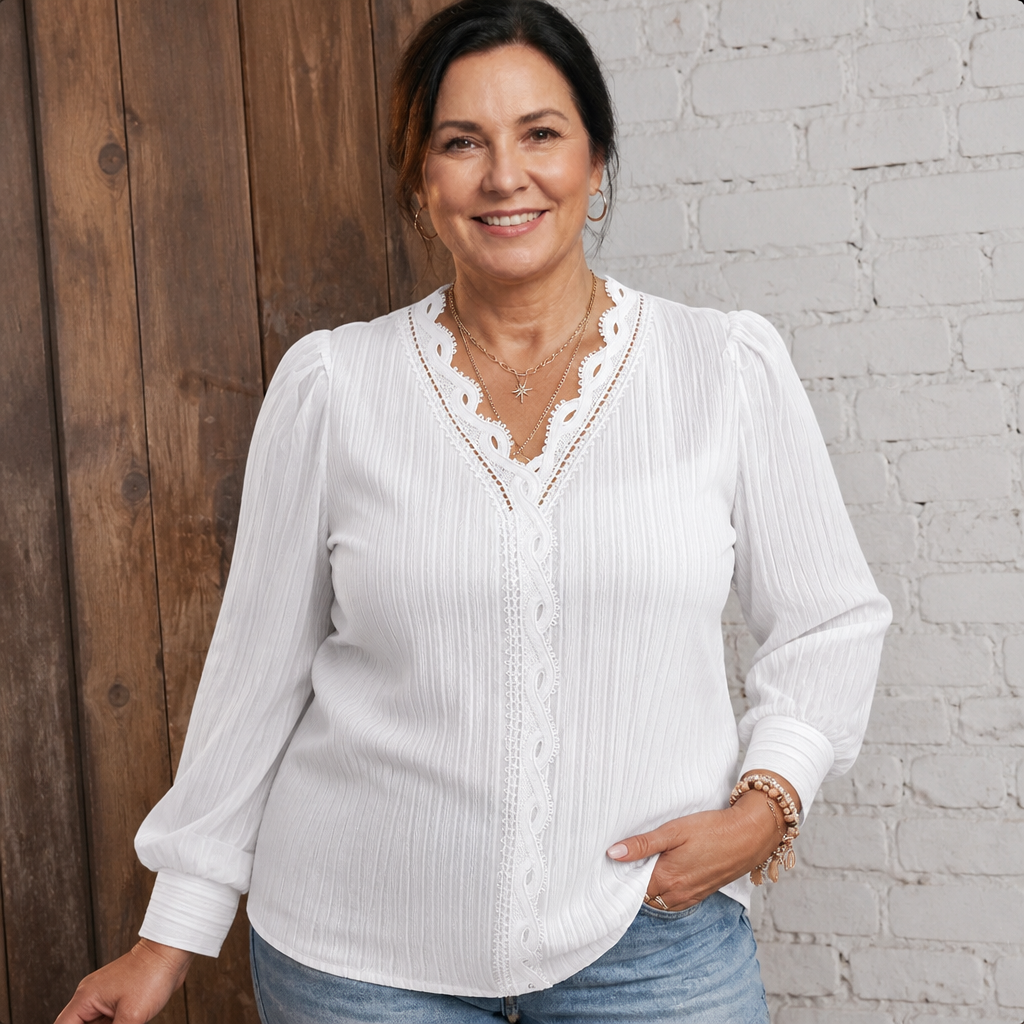 Women's Lightweight Lace Puff Sleeve Blouse - White