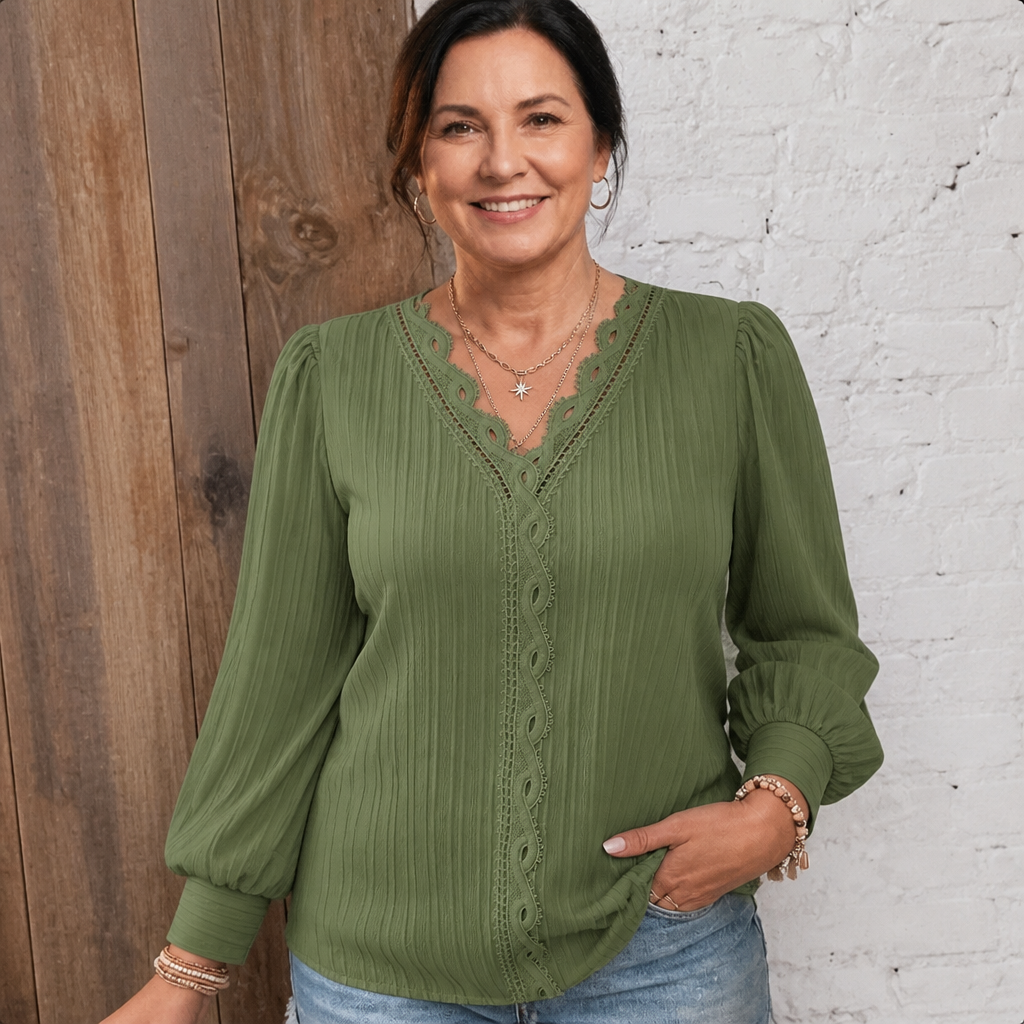 Women's Lightweight Lace Puff Sleeve Blouse - Green