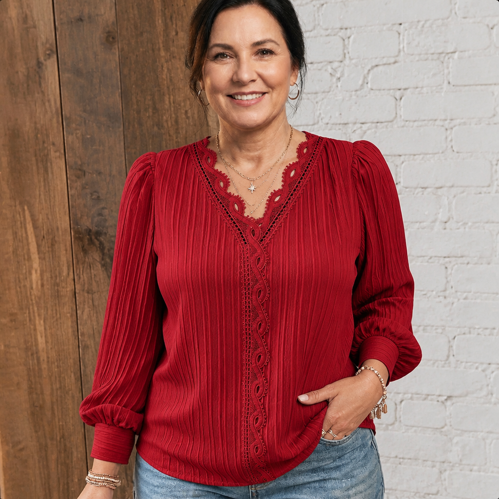 Women's Lightweight Lace Puff Sleeve Blouse - Red