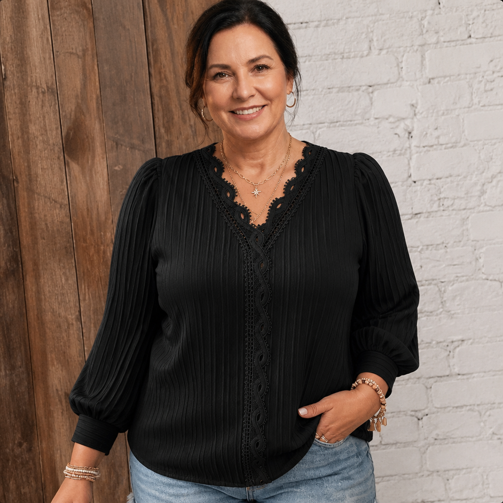 Women's Lightweight Lace Puff Sleeve Blouse - Black