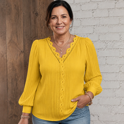 Women's Lightweight Lace Puff Sleeve Blouse - Yellow