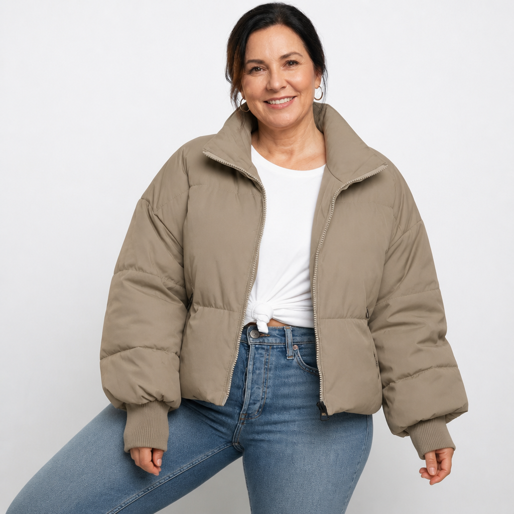 Women's Cropped Quilted Puffer Jacket - Khaki