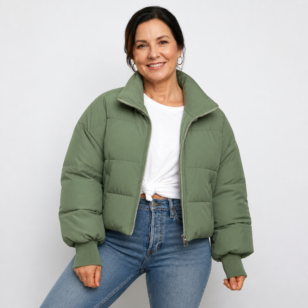 Women's Cropped Quilted Puffer Jacket - Green