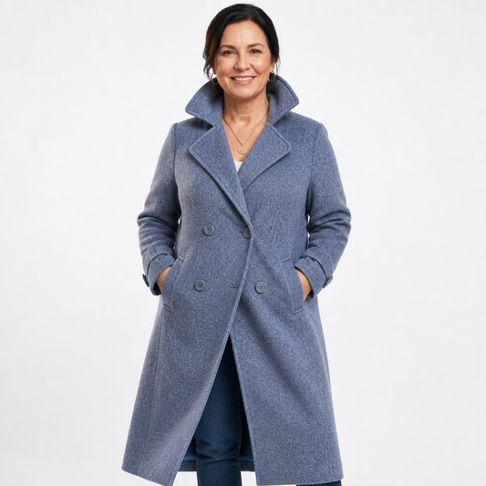 Women's Long Double-Breasted Wool Coat - Blue