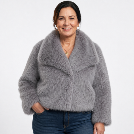 Women's Oversized Cropped Faux Fur Jacket - Gray
