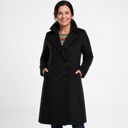 Women's Long Double-Breasted Wool Coat - Black