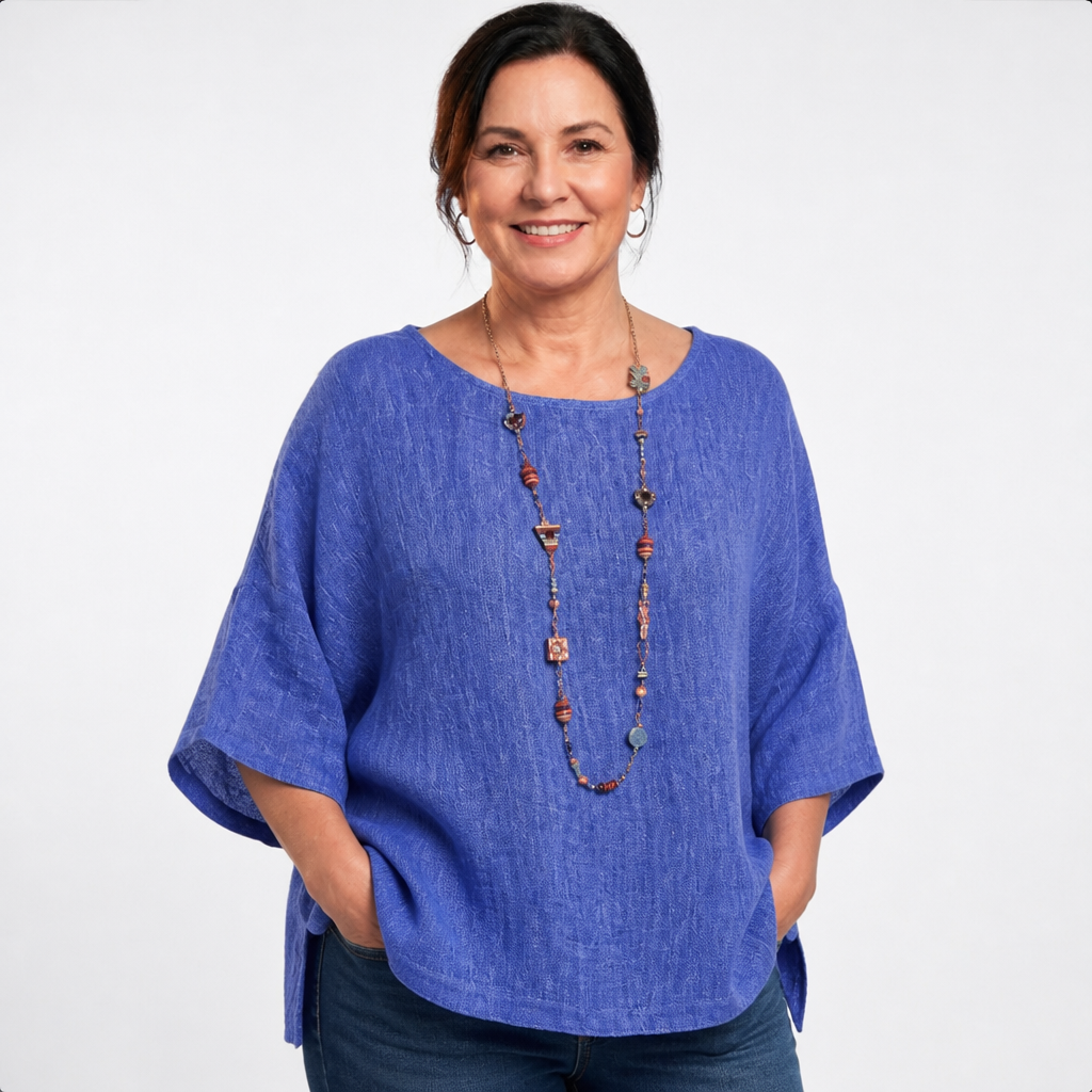 Women's Casual Loose Fit Cotton Linen Summer Blouse - Blue