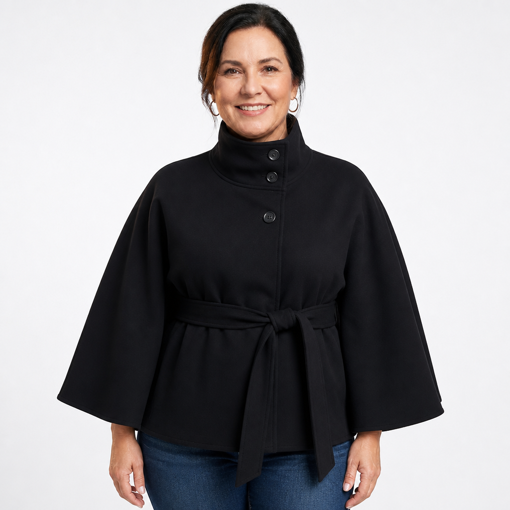 Women's Loose Fit High Collar Cape Jacket - Black