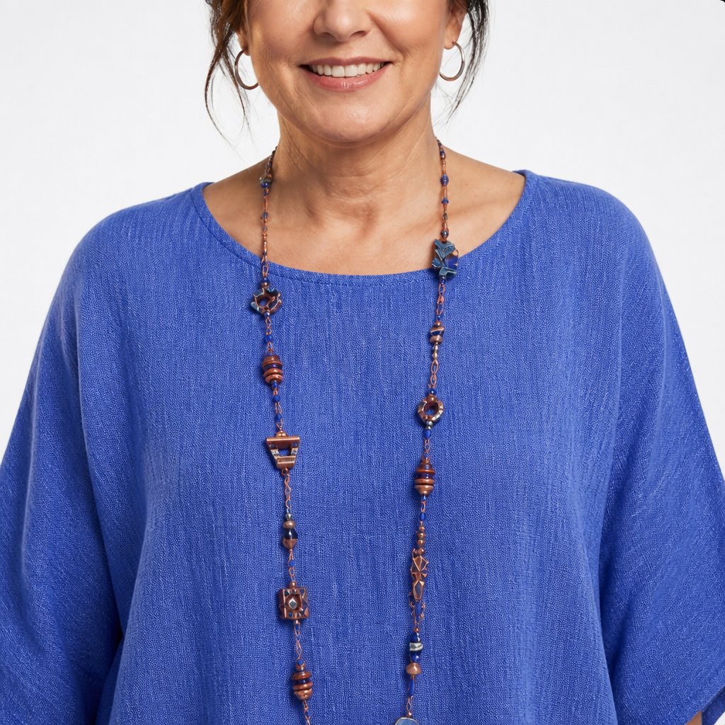 Women's Casual Loose Fit Cotton Linen Summer Blouse - Blue detail