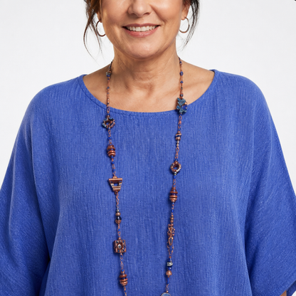 Women's Casual Loose Fit Cotton Linen Summer Blouse - Blue detail