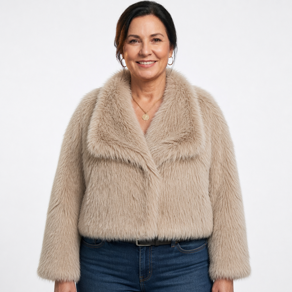 Women's Oversized Cropped Faux Fur Jacket - Beige