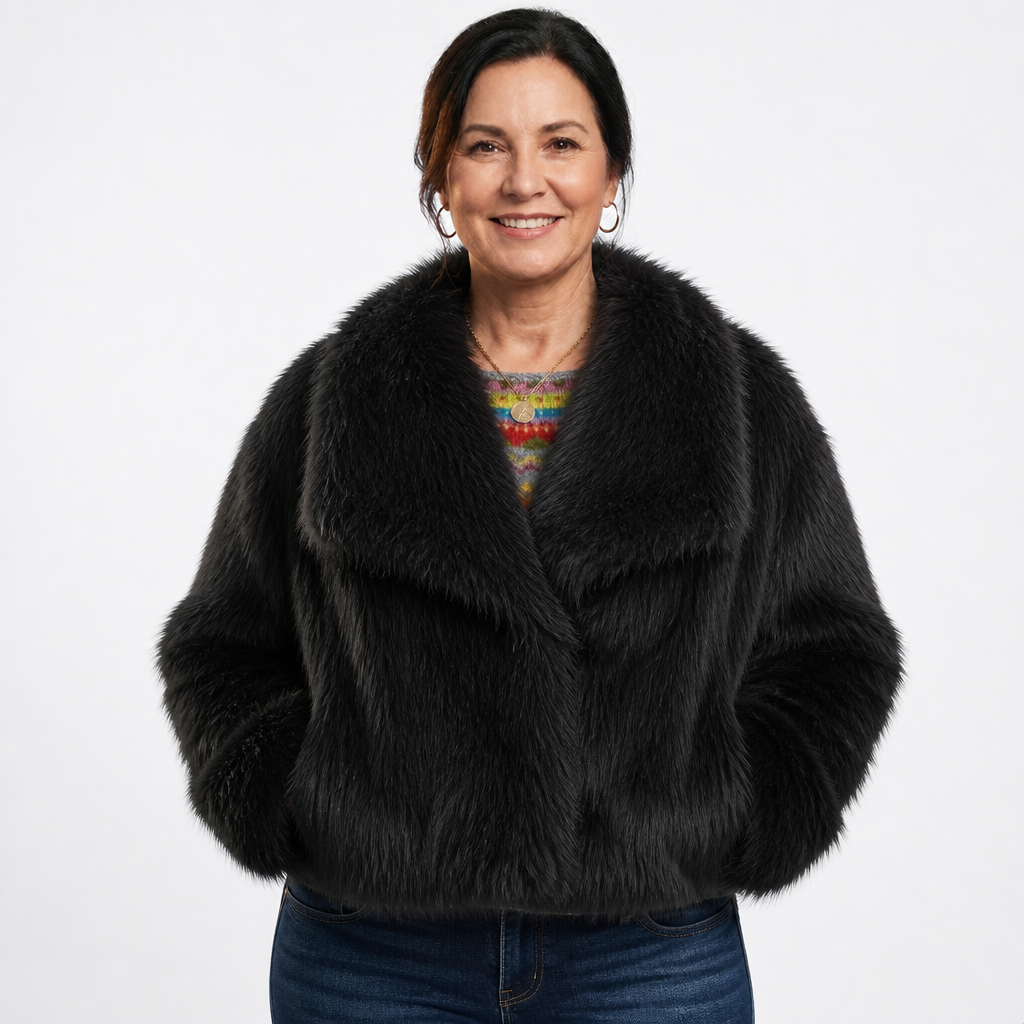 Women's Oversized Cropped Faux Fur Jacket - Black