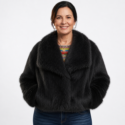 Women's Oversized Cropped Faux Fur Jacket - Black