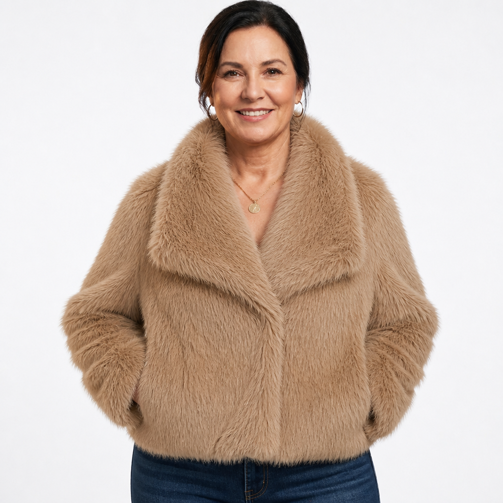 Women's Oversized Cropped Faux Fur Jacket - Camel