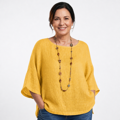 Women's Casual Loose Fit Cotton Linen Summer Blouse - Yellow