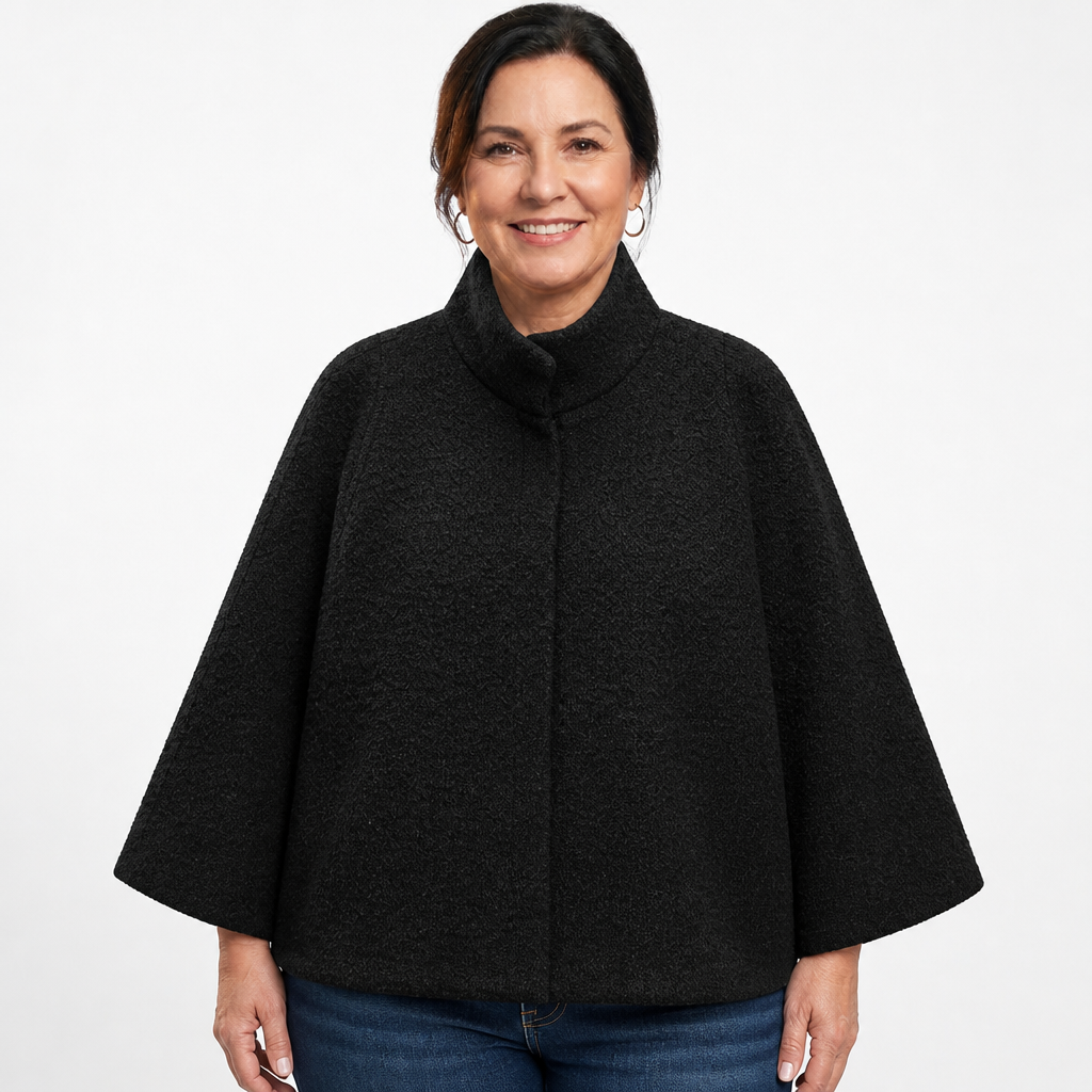 Women's High Collar A Line Cape Jacket - Black