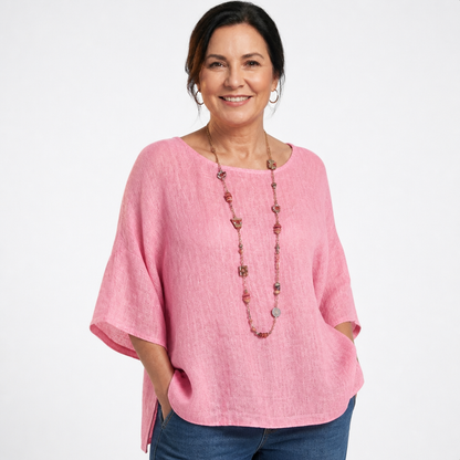 Women's Casual Loose Fit Cotton Linen Summer Blouse - Pink