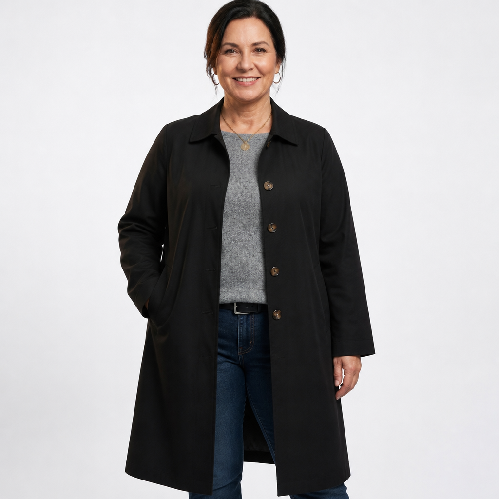 Women's Long Classic Trench Coat Winter Outerwear - Black