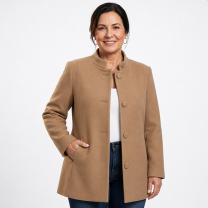 Women's Elegant Mid-Thigh Structured Jacket - Camel