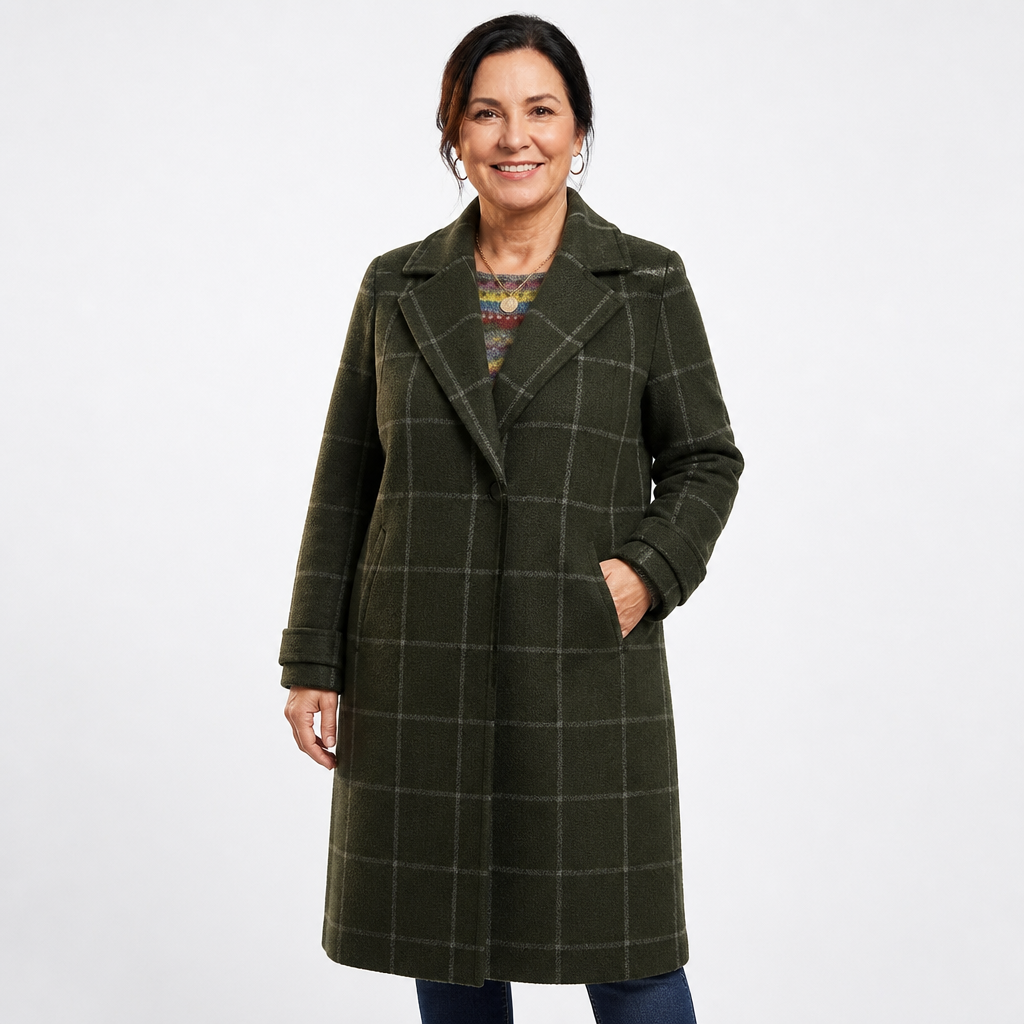 Women's Structured Wool Check Winter Coat - Dark Green
