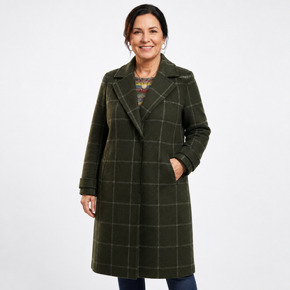 Women's Structured Wool Check Winter Coat - Dark Green