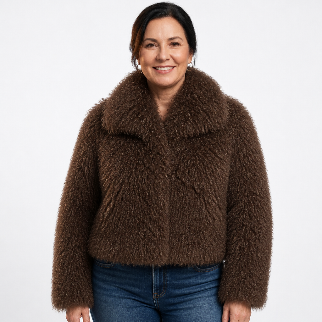 Women's Fluffy High Collar Faux Fur Winter Jacket - Brown