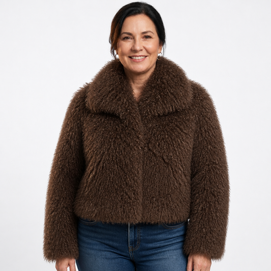 Women's Fluffy High Collar Faux Fur Winter Jacket - Brown