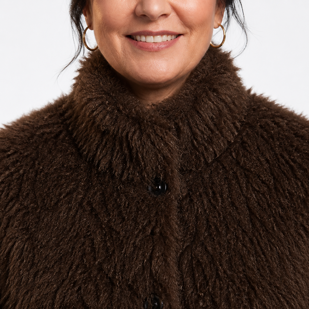 Women's Fluffy High Collar Faux Fur Winter Jacket - Brown detail