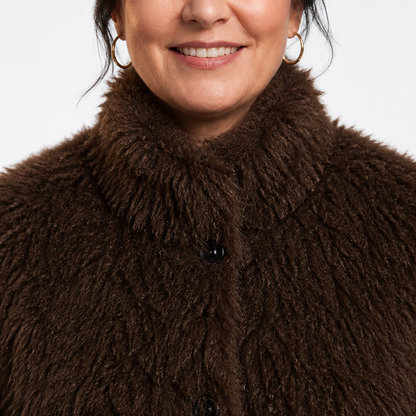 Women's Fluffy High Collar Faux Fur Winter Jacket - Brown detail