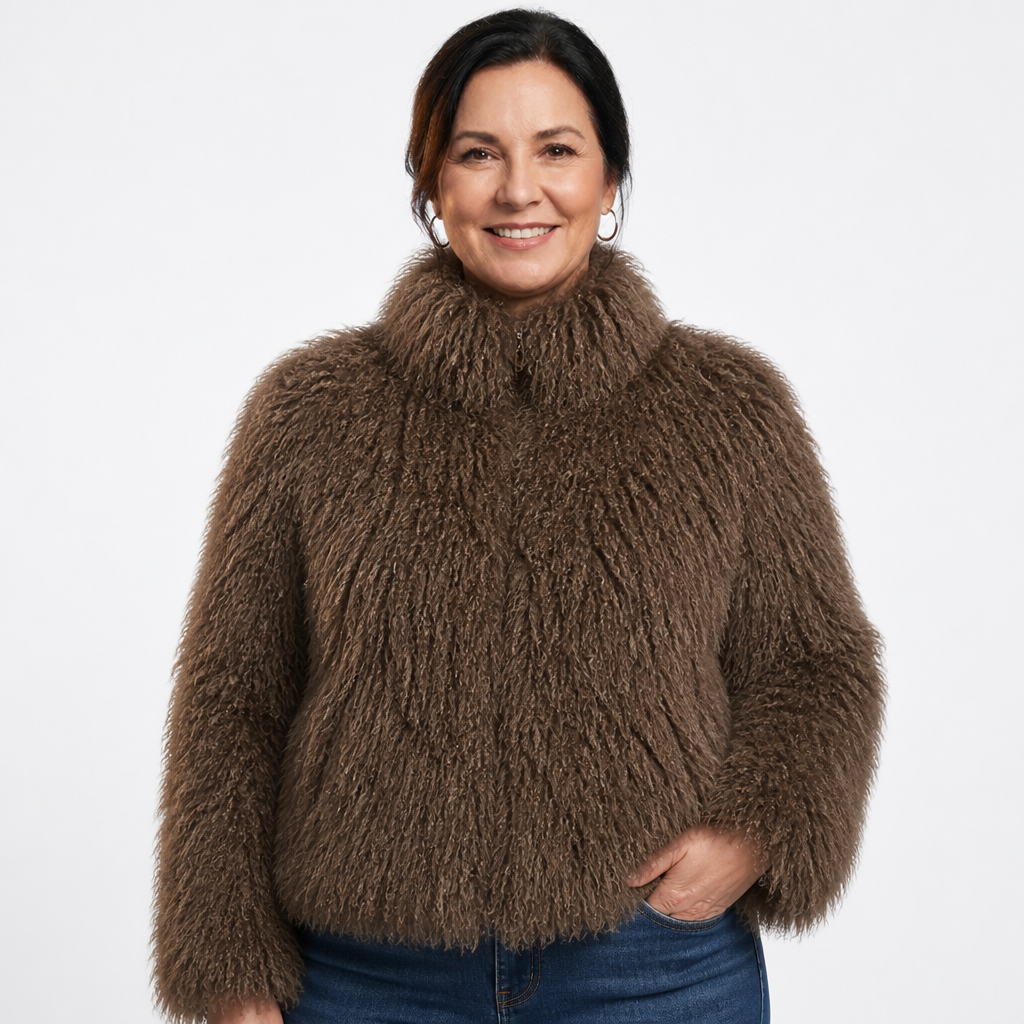 Women's Fluffy High Collar Faux Fur Winter Jacket - Khaki