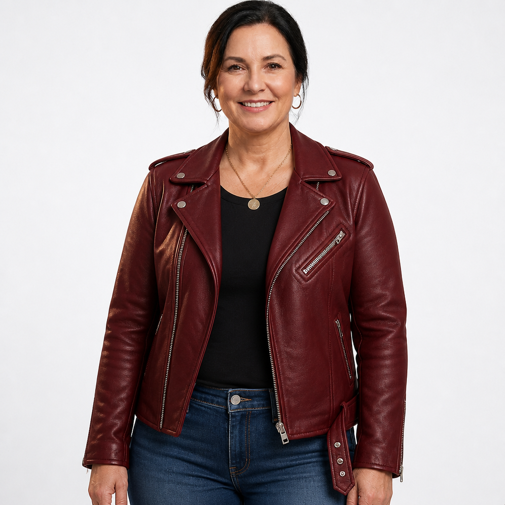 Women's Slim Fit Zip Up Biker Jacket - Burgundy