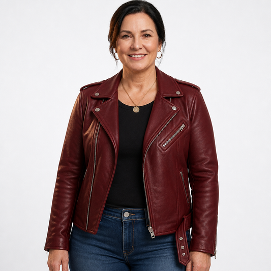 Women's Slim Fit Zip Up Biker Jacket - Burgundy
