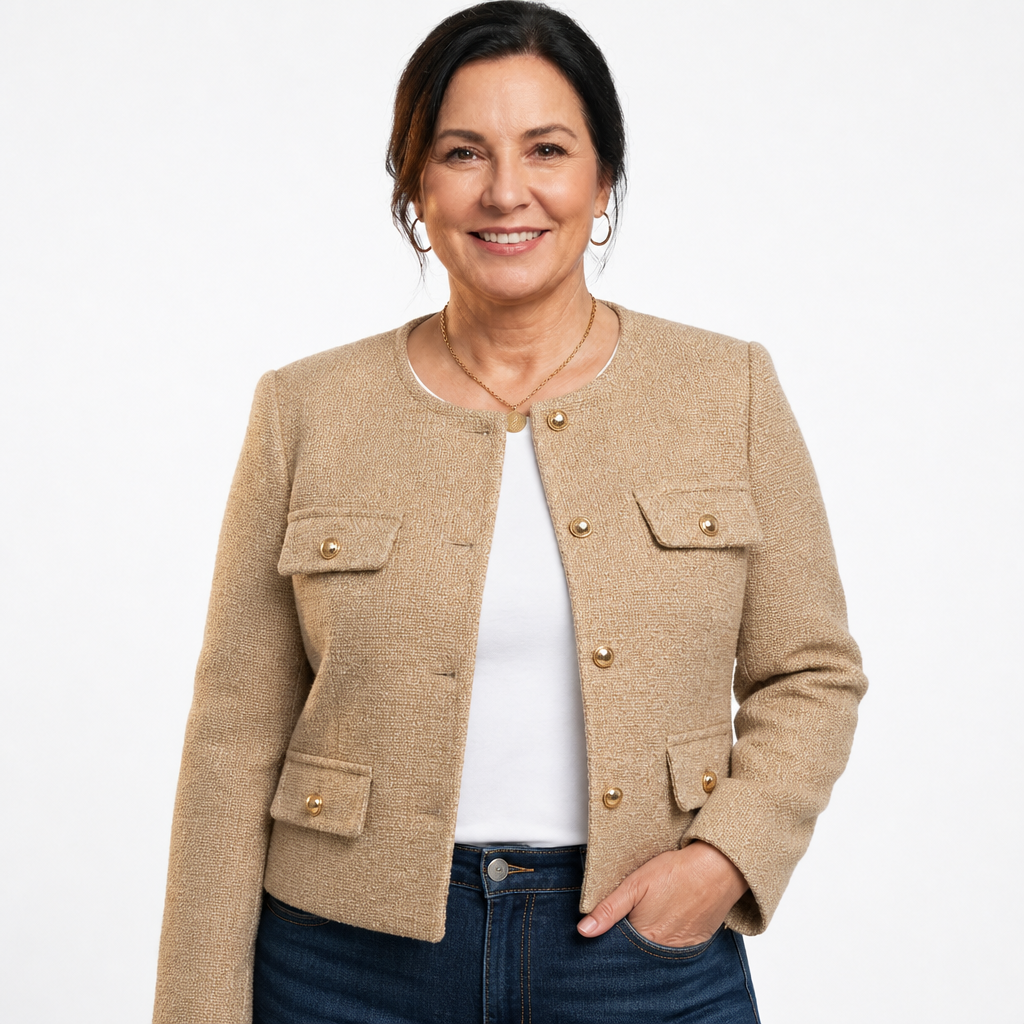 Women's Tailored Tweed Cropped Blazer with Gold Buttons - Khaki