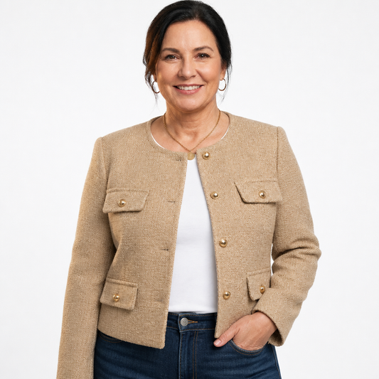 Women's Tailored Tweed Cropped Blazer with Gold Buttons - Khaki