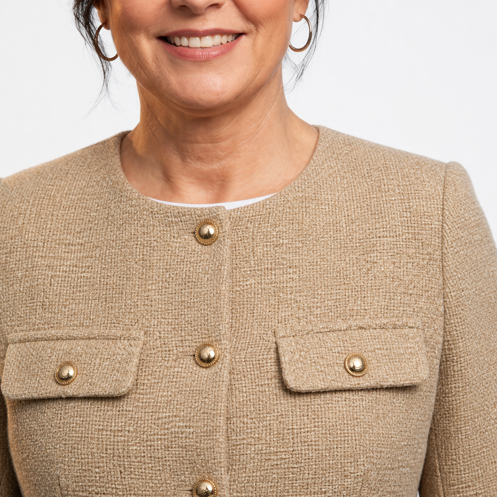 Women's Tailored Tweed Cropped Blazer with Gold Buttons - Khaki detail
