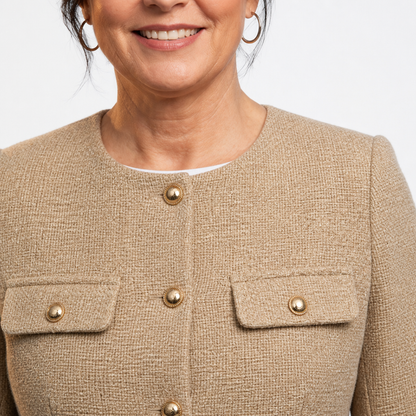 Women's Tailored Tweed Cropped Blazer with Gold Buttons - Khaki detail
