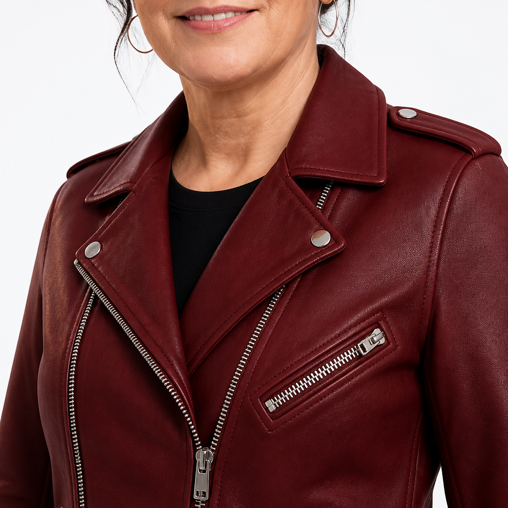 Women's Slim Fit Zip Up Biker Jacket - Burgundy
